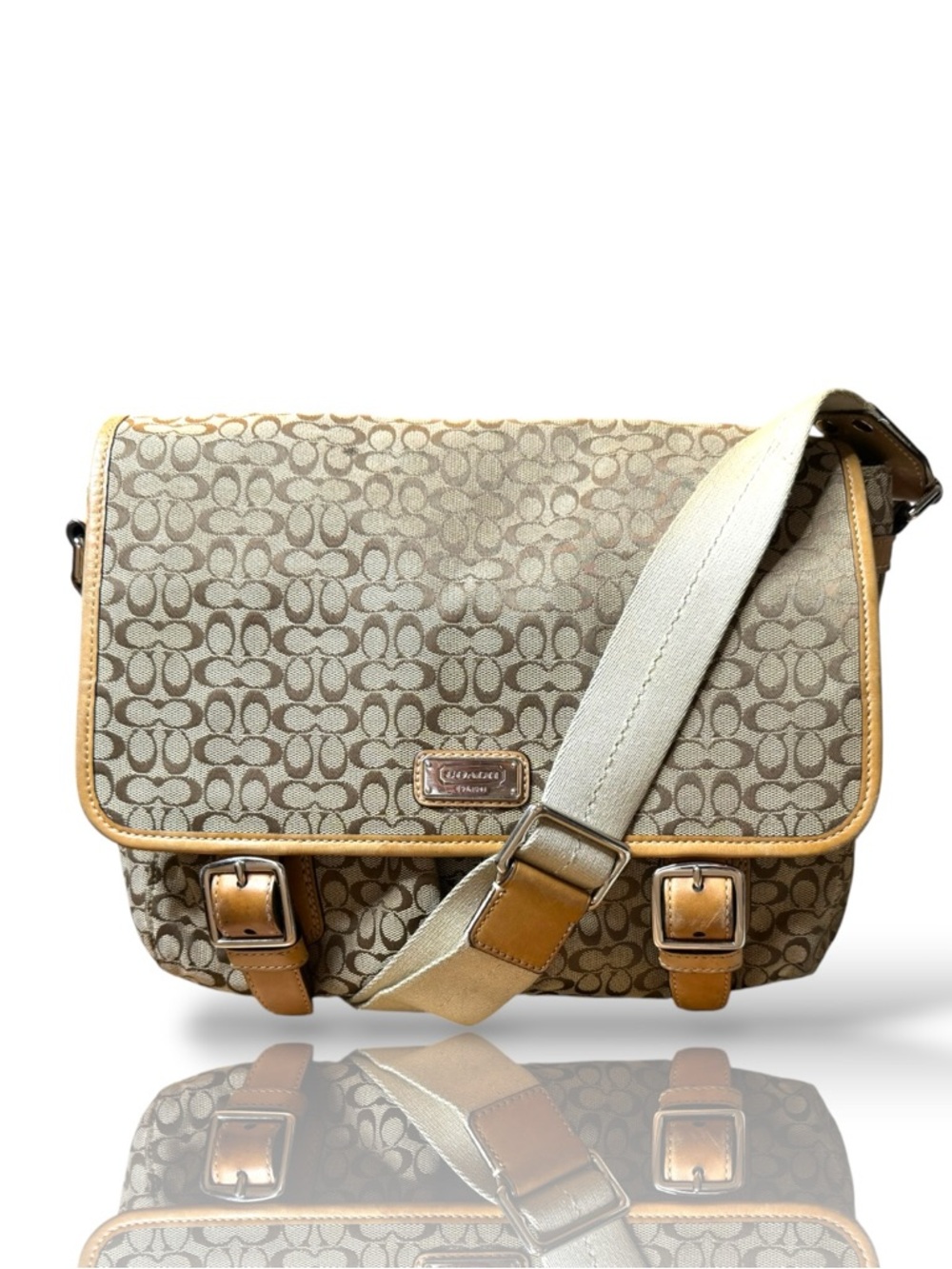 Coach Canvas Monogram Messenger Bag in Beige and Tan- Needs Cleaning
